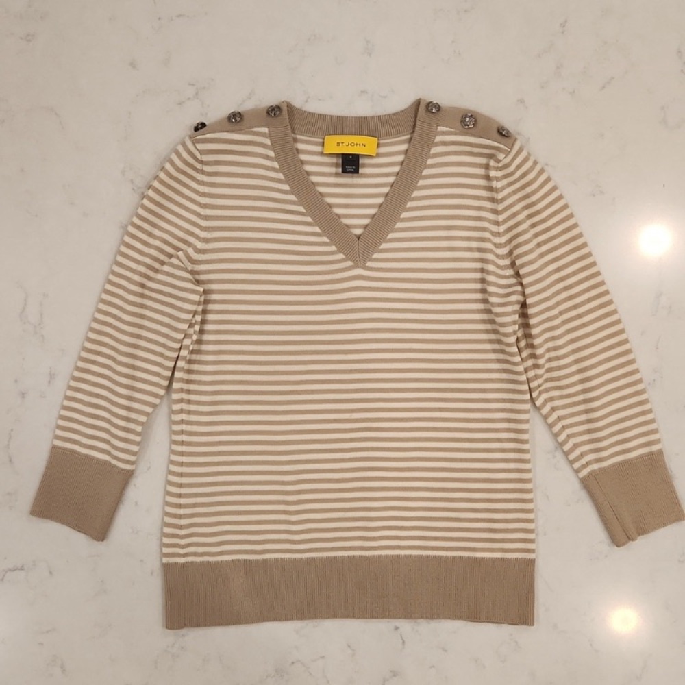 St. John V-Neck 3/4 Sleeve Sweater Cream Tan Stripes Size: Small